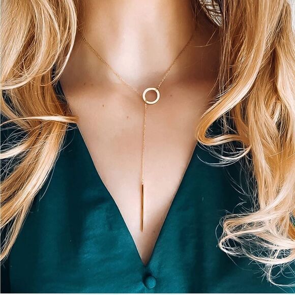 Gold 14k Gold Plated Circle Bar Lariat Necklace - Picture 4 of 5